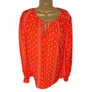 Dokotoo Boho Peasant Blouse Long Sleeve Keyhole Orange/Red M